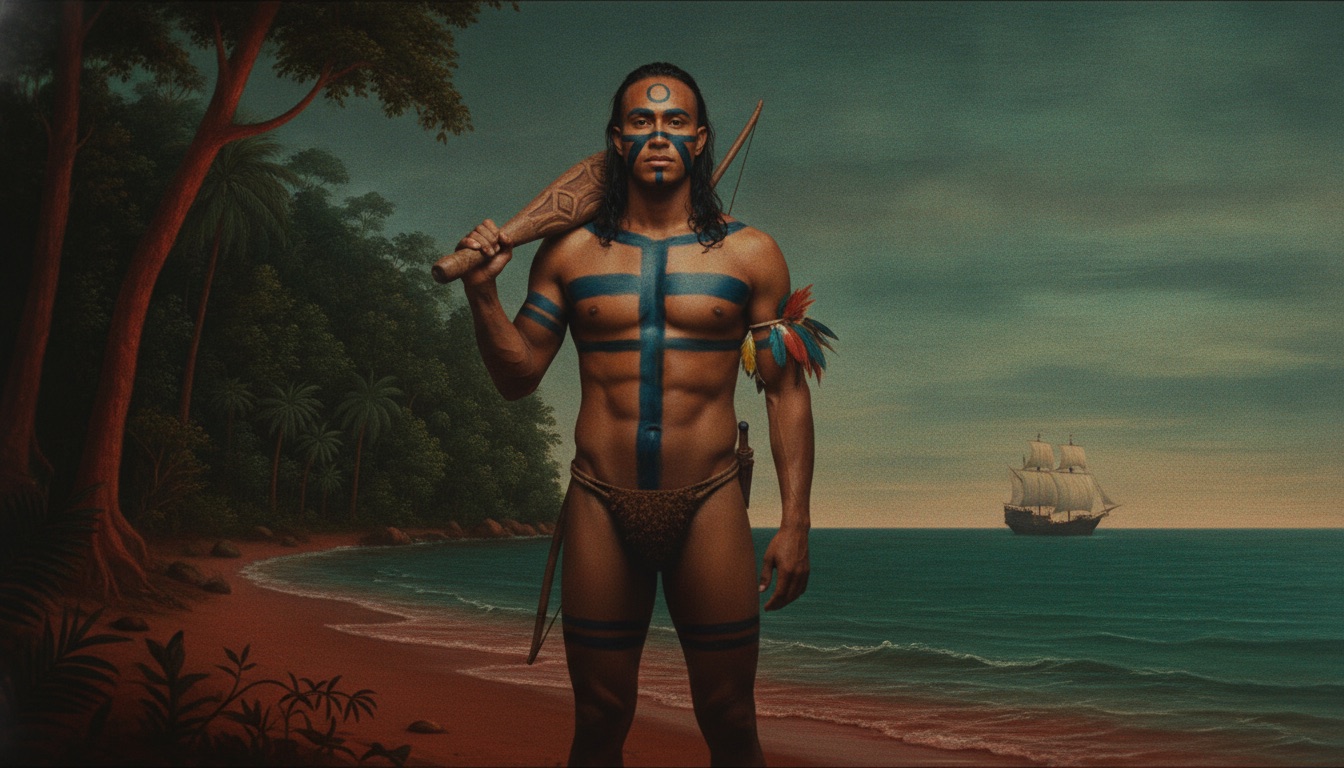 Capa de Terra Vermelha — guerreiro tupinambá na praia, caravela ao fundo