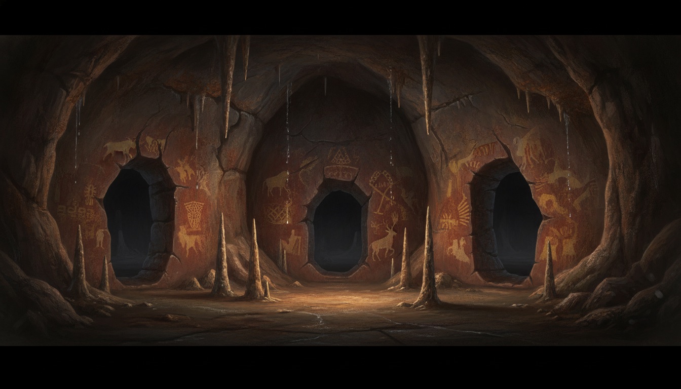 Três passagens escuras numa galeria de caverna pintada — três caminhos possíveis